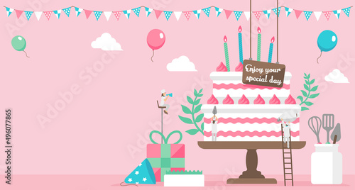 Happy birthday ( birthday cake motif ) vector banner illustration