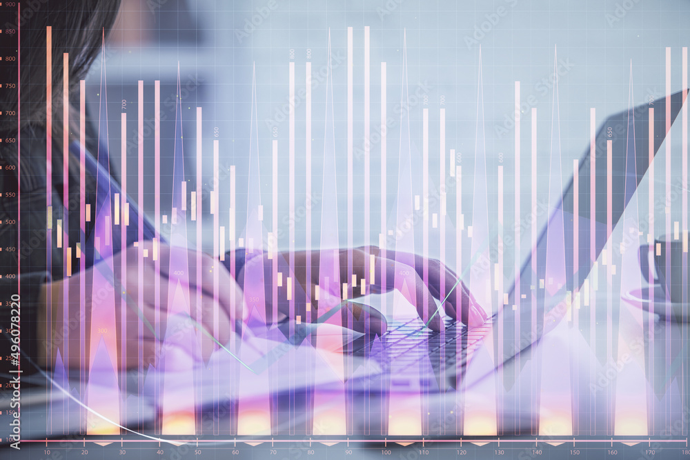 Double exposure of businesswoman hands typing on computer and forex graph hologram drawing. Financial analysis concept. Double exposure of businesswoman hands typing on computer and forex graph hologram drawing. Financial analysis concept.