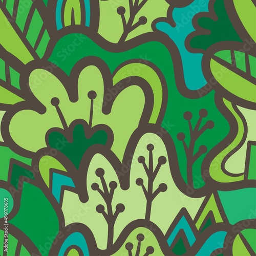 Seamless pattern with different plants on green background. Vector print with herbs. Cartoon doodle forest.