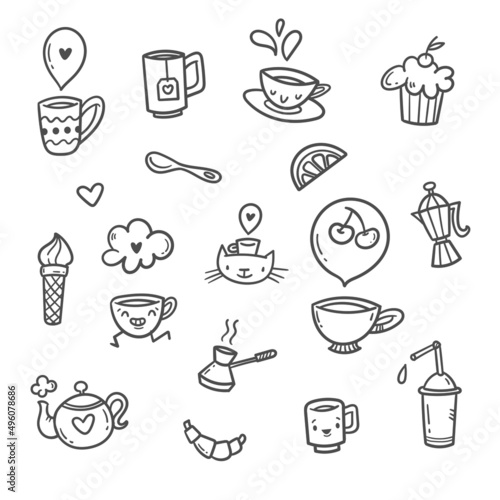 Vector coffee set. Doodle cafe collection. Cute print things food, drinks and utensils.