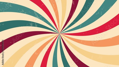 Retro background with curved, rays or stripes in the center. Rotating, spiral stripes. Sunburst or sun burst retro background. Turquoise and red colors. High quality 4k footage