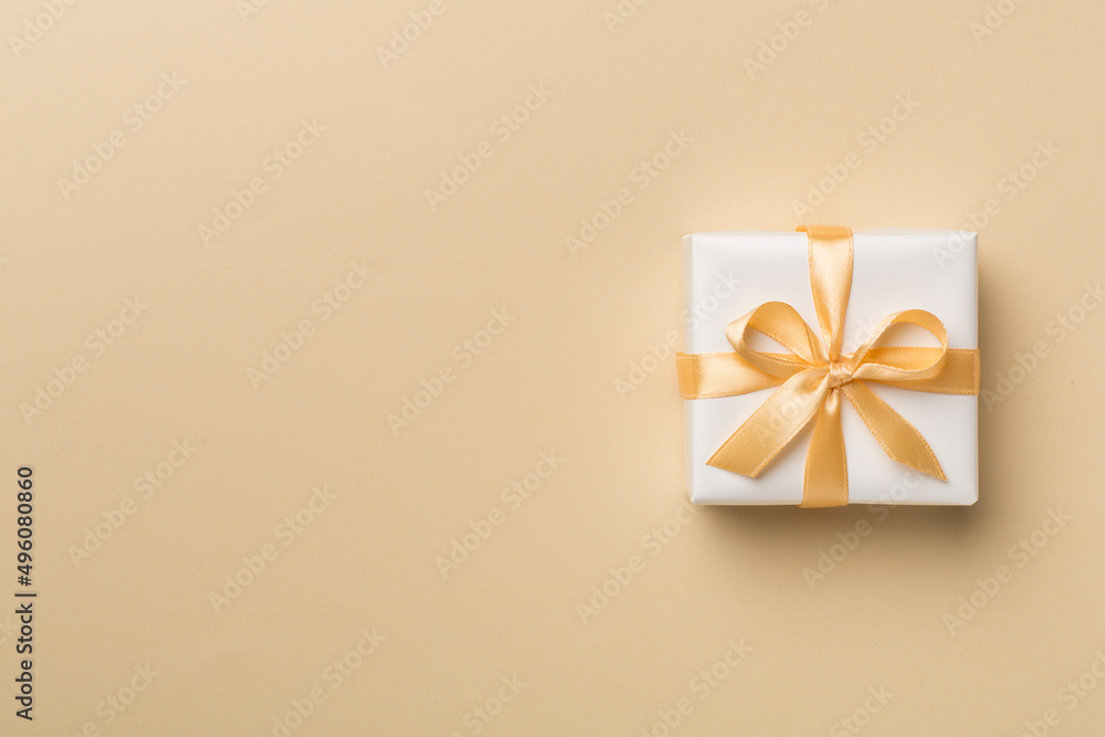 White gift box on color background, top view White gift box on color background, top view