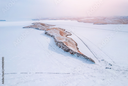 Landscape winter island Ogoy lake Baikal travel Russia, aerial top view