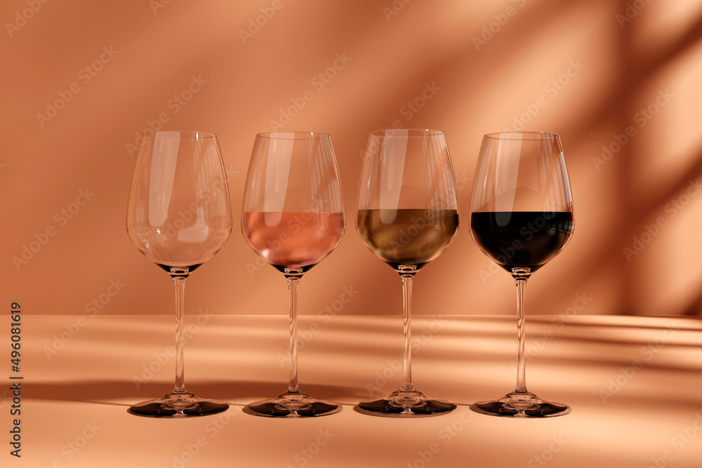 Set transparent 3d wine glasses empty, white, rose and red wine. 3d illustration in photo-realistic style.