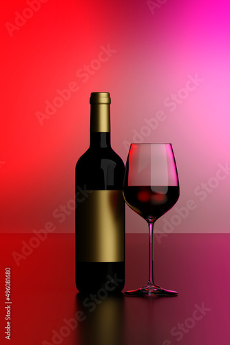 A bottle and glass of red wine on a white background, 3D illustration