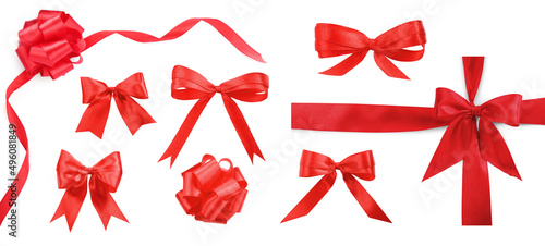 Set with beautiful red ribbons tied in bows on white background. Banner design