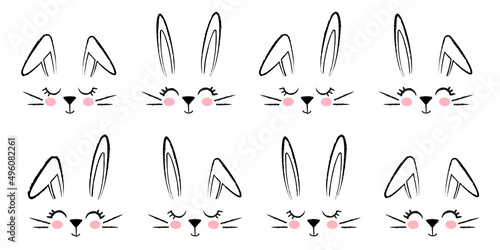 A collection with cute rabbit faces. Rabbit ears are hand-drawn with a pencil texture. A set of elements for Easter, decoration of children's rooms and objects