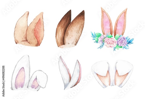 Set of rabbit ears watercolor for design. Vector illustration.