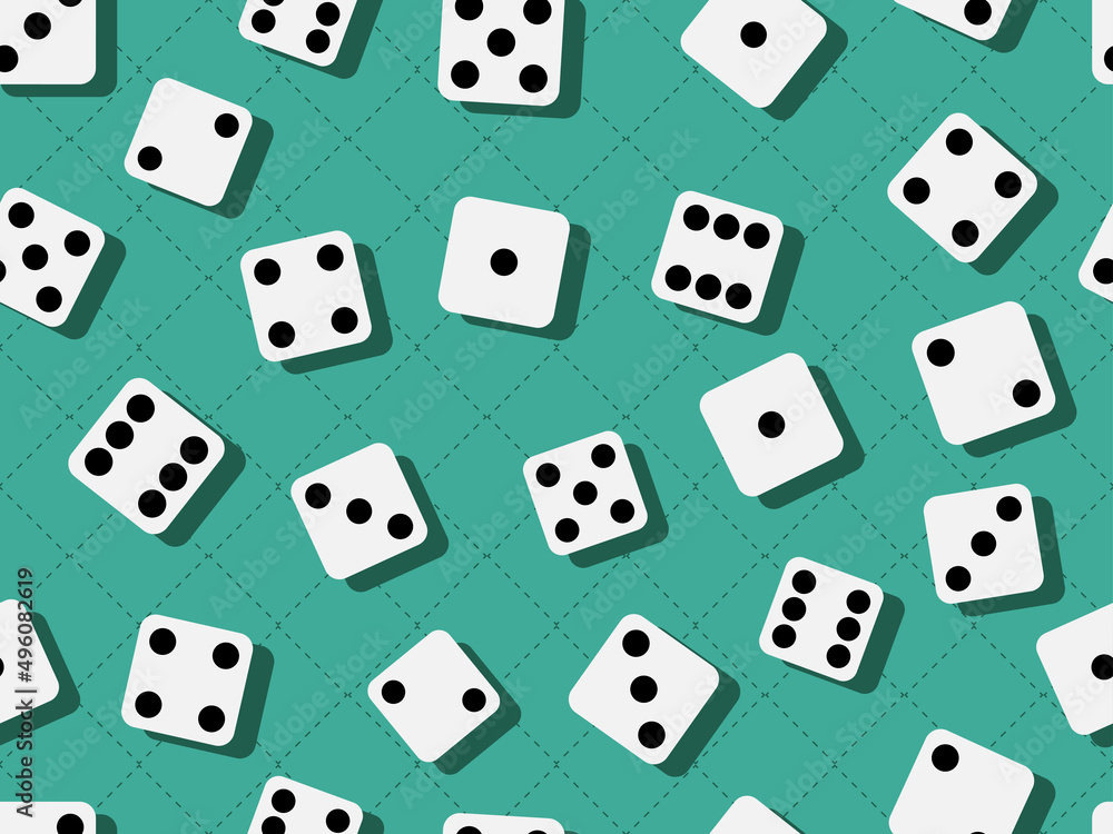 Dice seamless pattern. Dice scattered on the casino gaming table. Template design for banner, poster and promotional items. Vector illustration Dice seamless pattern. Dice scattered on the casino gaming table. Template design for banner, poster and promotional items. Vector illustration