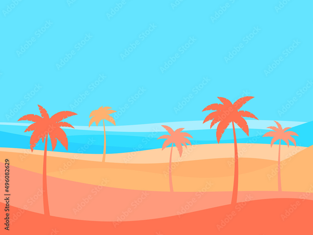 Beach with palm trees and sun in the background of the desert. Summer time. Tropical landscape in flat style. Coastline. Design for banners, posters and promotional items. Vector illustration