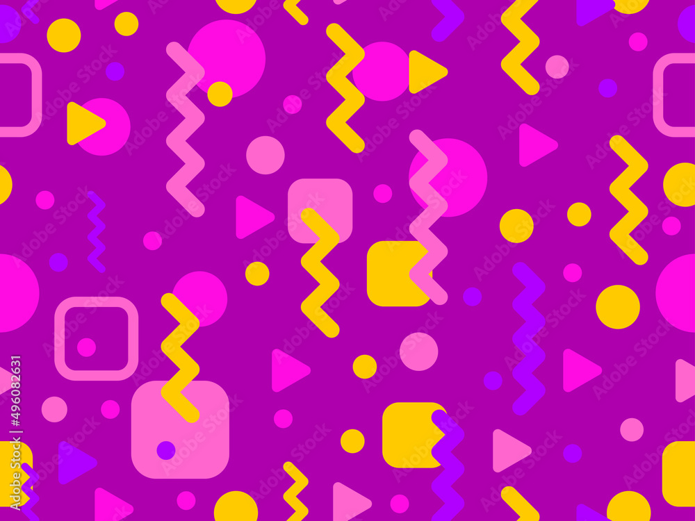 Geometric seamless pattern in 80s memphis style. Colorful background design for printing banners, posters, wrapping paper and promotional items. Vector illustration Geometric seamless pattern in 80s memphis style. Colorful background design for printing banners, posters, wrapping paper and promotional items. Vector illustration