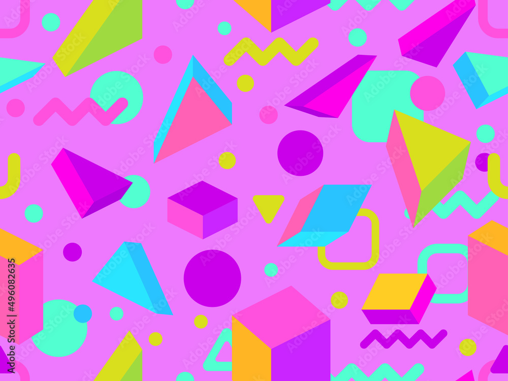 Geometric seamless pattern in 80s memphis style. Isometric geometric 3D shapes. Trendy retro background for printing on paper, promotional materials and fabric. Vector illustration