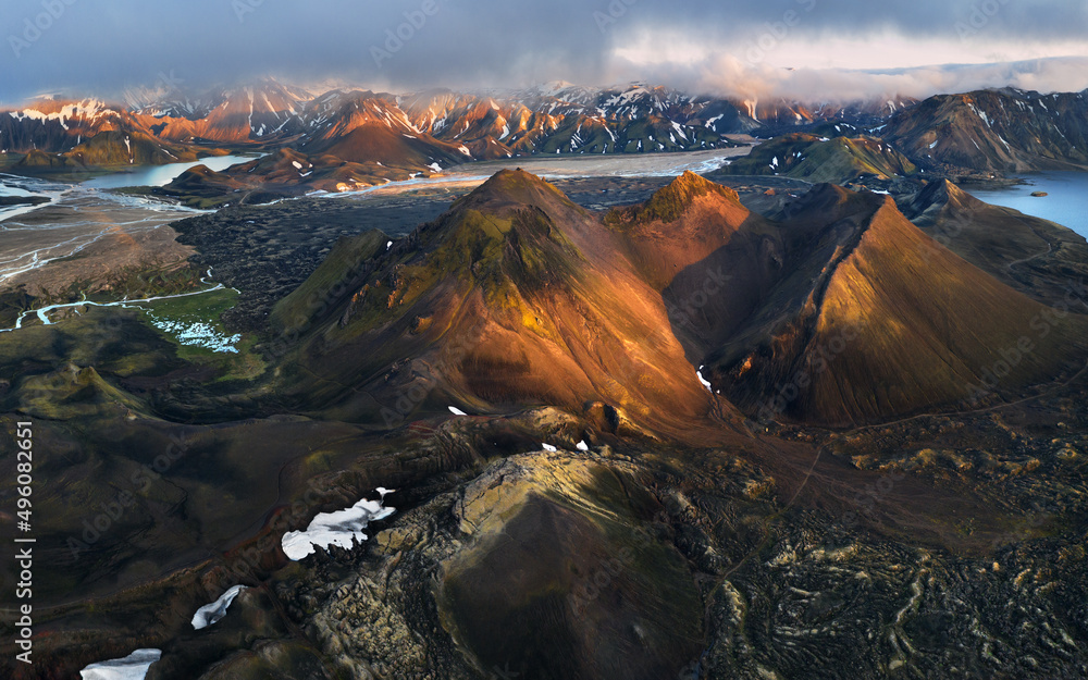 An aerial view of the Icelandic highlands in summer.