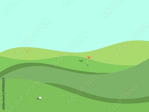 Golf field. Wavy green meadow in a minimalist style. Golf course with holes and red flags. Landscape with green fields. Design for advertising products and posters. Vector illustration