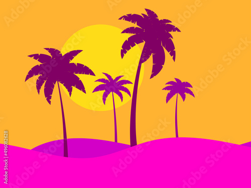 Landscape with palm trees at sunrise in a minimalist style. Silhouettes of palm trees on the hills. Summer time. Design of advertising booklets, posters and travel agencies. Vector illustration
