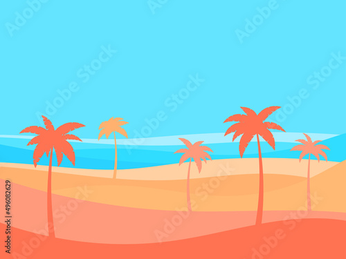 Beach with palm trees and sun in the background of the desert. Summer time. Tropical landscape in flat style. Coastline. Design for banners, posters and promotional items. Vector illustration