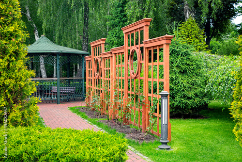 Vertical wooden pergola in climbing roses garden with stone brick walkway with granite curb and ground lantern in backyard in with birch and pine trees, thuja and lawn with iron gazebo on background.