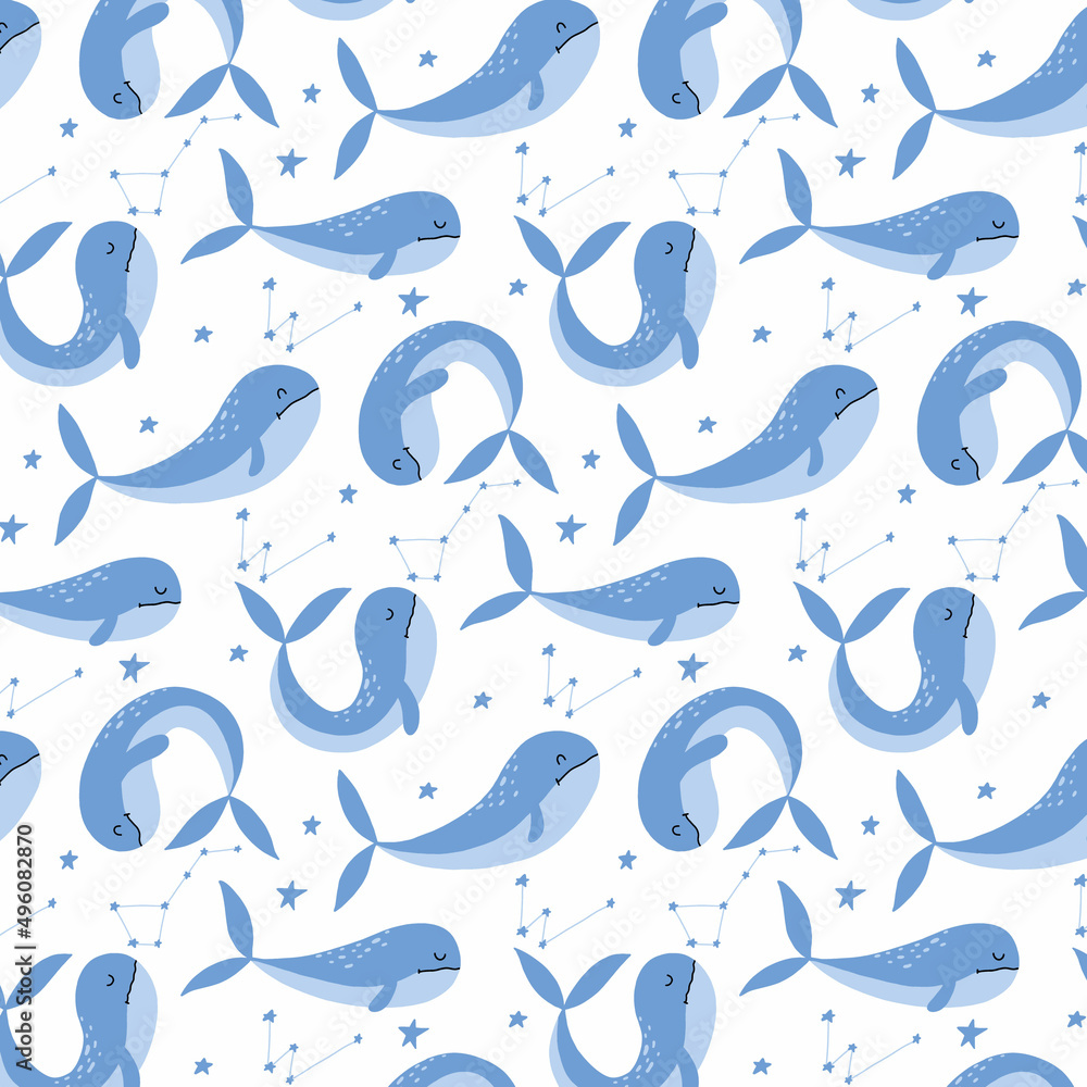 Fototapeta premium Seamless pattern with cute blue whales and seaweeds. Children's hand-drawn pattern. Vector pattern with sea animals.