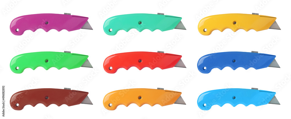 Set with different colorful utility knives on white background. Banner design Set with different colorful utility knives on white background. Banner design