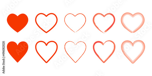 かわいい赤色のハートマークの水彩画風、ラフスケッチのベクターアイコンイラスト素材セット