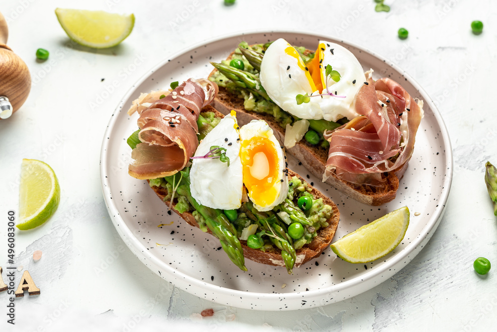 Ketogenic diet meal Poached egg with asparagus spears and prosciutto. banner, menu recipe place for text, top view Ketogenic diet meal Poached egg with asparagus spears and prosciutto. banner, menu recipe place for text, top view