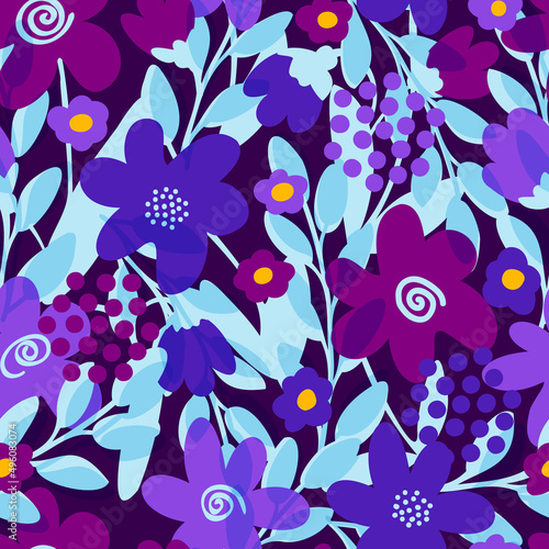 Vector seamless pattern with doodle purple flowers. Colorful background. Can be used for wallpapers, patterns, web backgrounds, surface textures.