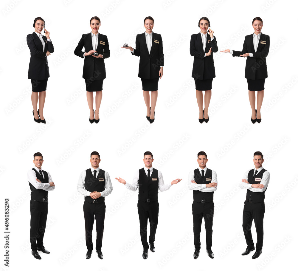 Collage with photos of receptionists on white background Collage with photos of receptionists on white background