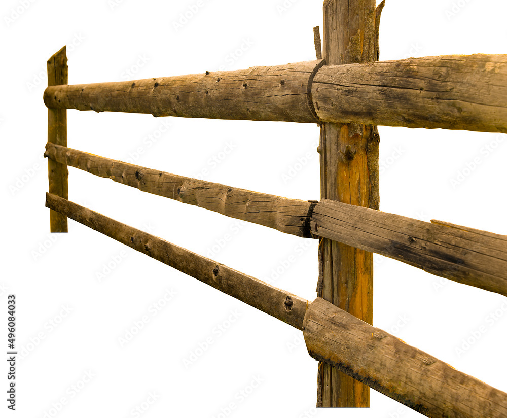 Wooden fence made of old timber isolated on white, closeup - obrazy, fototapety, plakaty 