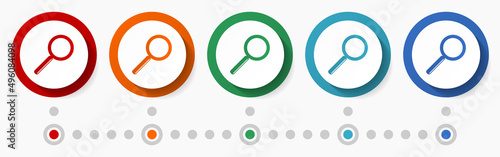 Search sign, glass concept vector icon set, flat design colorful buttons, infographic template in 5 color options