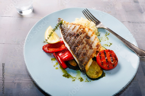 Grilled Sea ​​bream fillet with vegetables photo