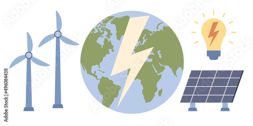 Ecology icon set. Sustainability, green energy, windmills and solar panels. Environmental governance concept. Vector flat illustration