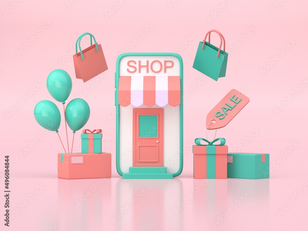 Online shopping with 3D Store. 3D render Online shopping with 3D Store. 3D render
