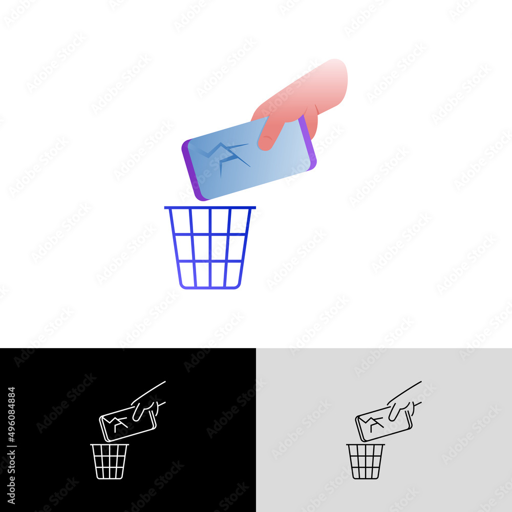 Technological planned obsolescence gradient flat icon. Broken smartphone thrown into the trash. Overconsumption problem. Vector illustration. Technological planned obsolescence gradient flat icon. Broken smartphone thrown into the trash. Overconsumption problem. Vector illustration.