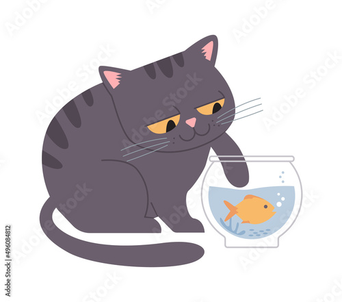Cat Playing with Aquarium Fish. Vector illustration