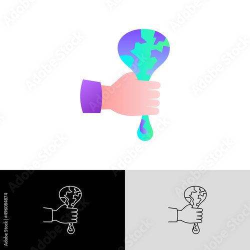 Overconsumption. Human hand squeezing planet. Gradient flat icon. Climate change, overpopulation, globalization, industrial damage. Vector illustration.