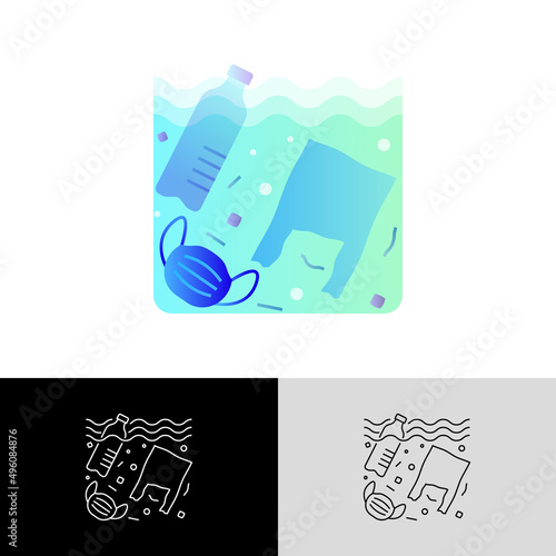 Plastic pollution. Plastic bottle, plastic bottle and medical mask in ocean or sea. Thin line icon. Overconsumption. Trash under water. Vector illustration.