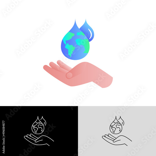Water consumption concept, water droplet with planet Earth inside falling in human hand. Gradient flat icon. Save the water, conscious resource consumption. Vector illustration.