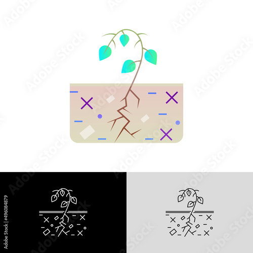 Soil wear gradient flat icon. Plant cannot grow in depleted soil. Soil erosion by industrial damage. Ecological problem. Overconsumption. Vector illustration.