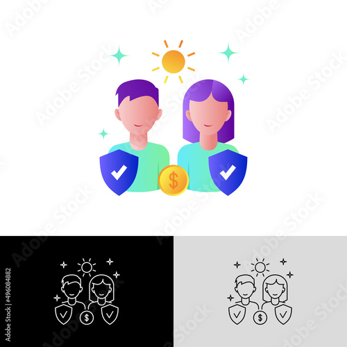 Quality of life. Rising living standards flat gradient icon. Rising of income. People are protected by shield. Overconsumption problem. Vector illustration.