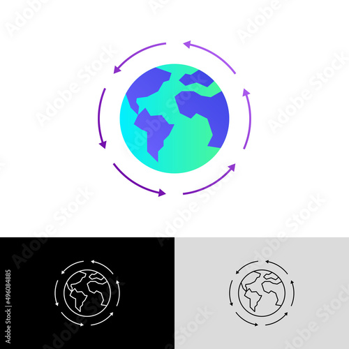 Globalization, arrows around the planet. Gradient flat icon. International business, worldwide distribution, logistic transportation. Overconsumption. Vector illustration.