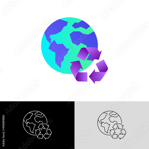 Reduce, reuse, recycle. Environmental protection. Planet with recycling sign. Gradient flat icon. Stop overconsumption. Vector illustration.