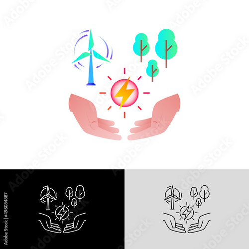 Resource depletion. Sign of energy in human hands, windmill and forests. Overconsumption of natural resources. Loss of resource base gradient flat icon. Vector illustration.