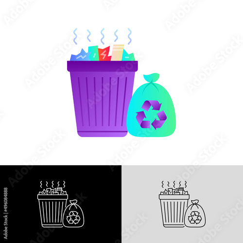 Overloaded trashcan with sign recycle gradient flat icon. Excess garbage, overconsumption. Vector illustration.