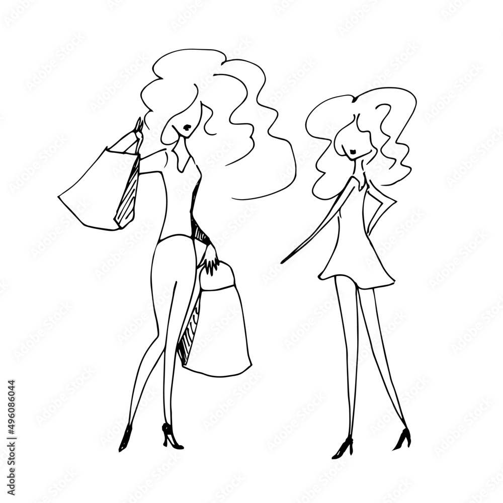 Fashion girls with bags. Vector silhouette, outline Fashion girls with bags. Vector silhouette, outline