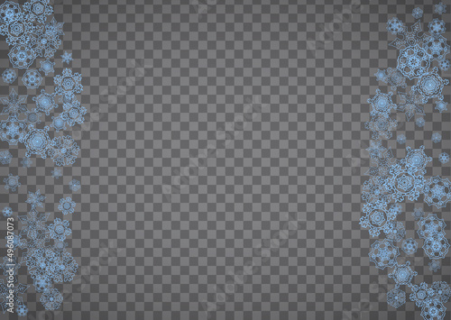 Snowflakes frame on transparent background. Christmas and Happy New Year. Isolated horizontal snowflakes frame for banners, gift cards, party invitation, partner compliment and special business offer