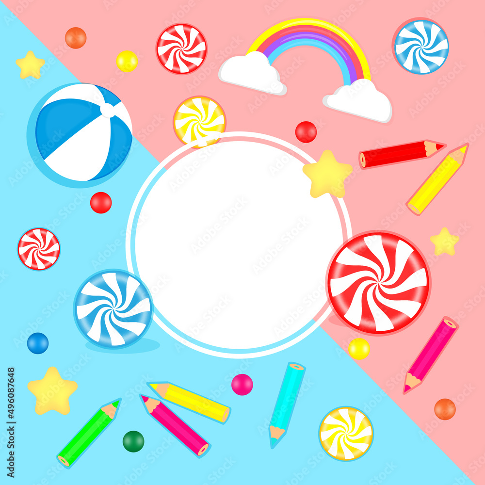 Happy International Children's Day greeting card or poster design, kids toys, pencils, candy, rainbow, ball, wallpaper, print, vector
