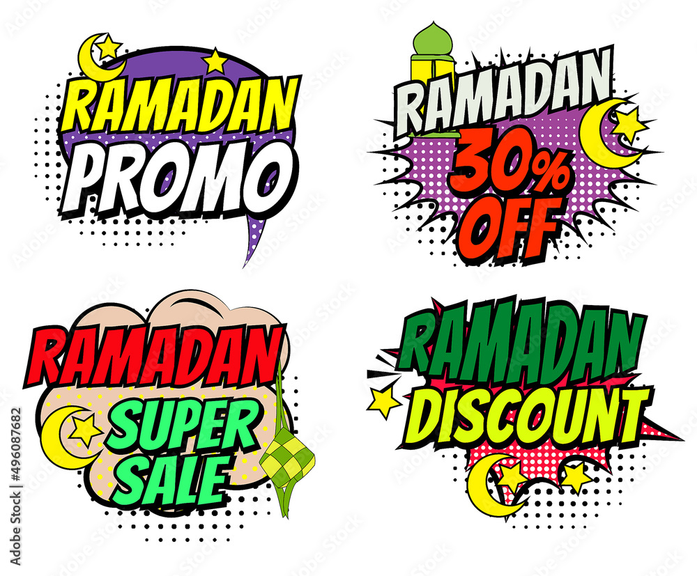 set of ramadan commercial comic bubbles template or islamic ramadan kareem banner for poster and advertising or vintage islamic banner for lebaran (islamic greeting ied). eps vector
