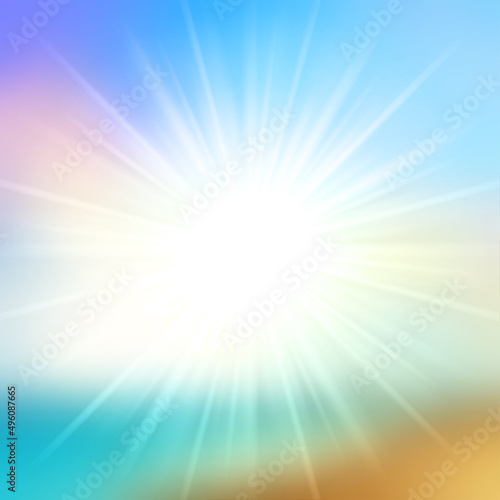 Summer background sky and sun light with lens flare, beach landscape tropical sea. Vector illustration.