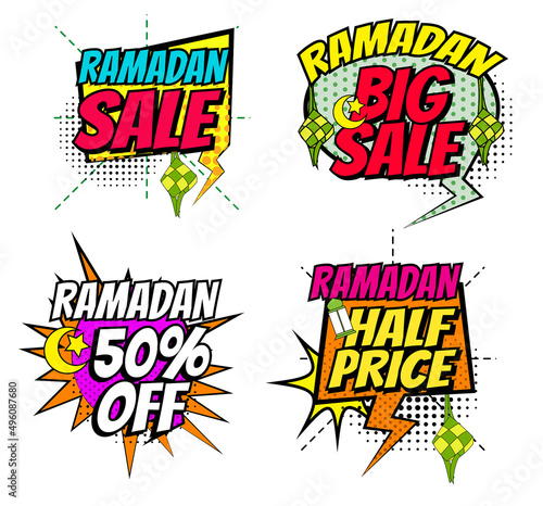 set of ramadan commercial comic bubbles template or islamic ramadan kareem banner for poster and advertising or vintage islamic banner for lebaran  islamic greeting ied . eps vector