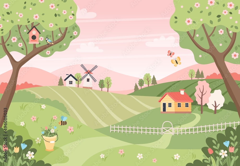 Naklejka premium Spring landscape with trees, fields, houses and windmill. Easter background, countryside landscape. Vector illustration in flat style